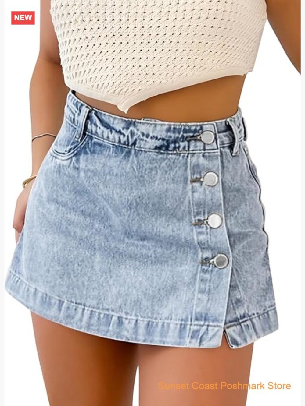 Trendy High Waisted Denim Skort with Pockets Stretchy Cotton Skirt